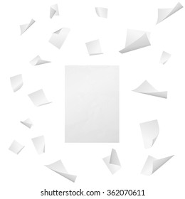 Flying white blank sheets of paper with bent corners