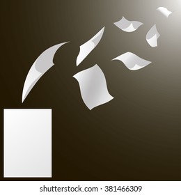 Flying white blank sheets of paper with bent corners. Blank paper sheets falling down. Vector illustration.