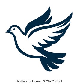 Flying white and blue dove with spread wings in motion icon