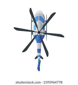 Flying White and Blue Helicopter, View from Above, Air Transport Vector Illustration