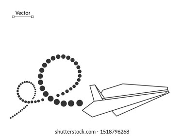 Flying white creative origami paper airplane with a line of traversed path. Vector conceptual illustration, Travel, Leisure, Business.