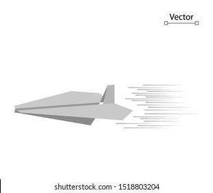 Flying white creative origami paper plane with speed line. Vector conceptual illustration, Travel, Leisure, Business. Object on isolated light background.