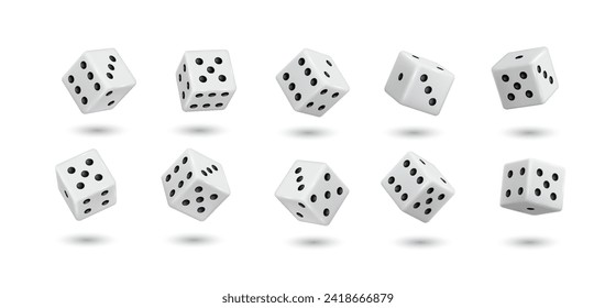 Flying white dices of casino realistic vector illustration set. Throwing cubes to win bet 3d elements on white background. Gambling games