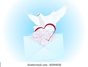 Flying white dove, an envelope with a letter and flowers and heart. The illustration on blue background.