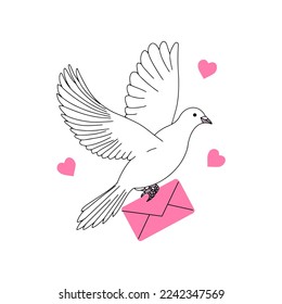 Flying white dove with envelope. Vector hand drawn illustration.