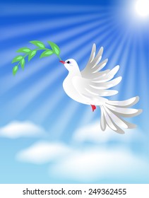 Flying white dove with green branch in the blue sky with clouds