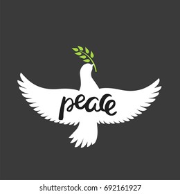 Flying white dove holding olive branch. International peace day poster. Vector illustration.
