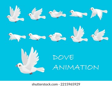 Animación de movimiento de paloma blanca volando. Aves de caricatura vuelan en escenarios de acción del cielo, personaje de paloma blanca tierno, secuencia vectorial de movimiento animal o marcos de animación de pichón graciosos