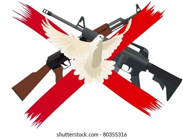 Flying white dove on a background of red intersecting lines. The icon means prohibiting the use of weapons and disarmament