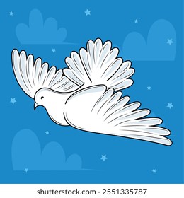 Flying white dove on blue sky background, Vector