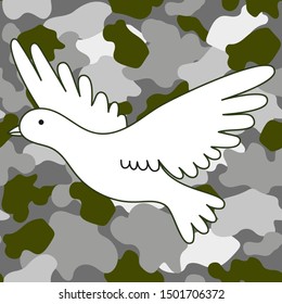 Flying white dove on camouflage background