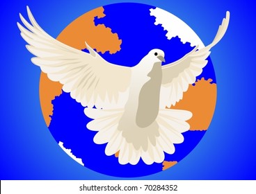 Flying white dove with outstretched wings on the background of the globe
