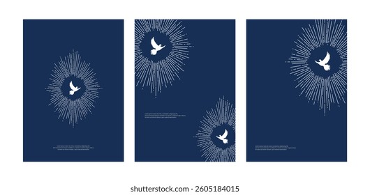 Flying white dove surrounded with halo of rays in navy color showing hope peace love freedom grace purity faith for print background template flyer poster easter Pentecost christian chruch prayer