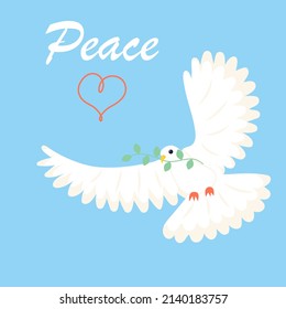 Flying white dove with twig in the sky. Symbol of peace. International peace day. Vector illustration.