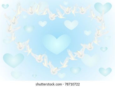 Flying white doves form an abstract image of the heart. The illustration on blue background.