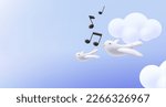 Flying white doves with music notes, singing birds in the sky, 3d illustration render graphics, background