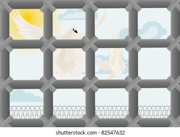 Flying white doves on a blue sky. View through the prison bars