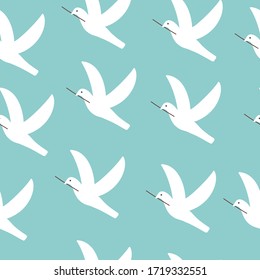 Flying white doves with a tree branch in its beak. Seamless wallpaper. Vector illustration.