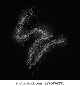 Fliegender weißer Staub einzeln auf schwarzem Hintergrund. Scatter von Zuckerpulver auf Schwarz. Kreide auf Dunkelheit zerkleinert. Salzkristalle, Draufsicht.