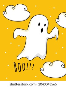 Flying white ghost with scary cloud design. Good template for Halloween design.