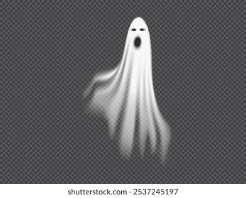 Un fantasma blanco volador con cara de miedo. Halloween. Fantasma. Poltergeist. Espíritu realista aislado sobre fondo transparente. Personaje mágico. Pesadilla. Alma. Ilustración vectorial.