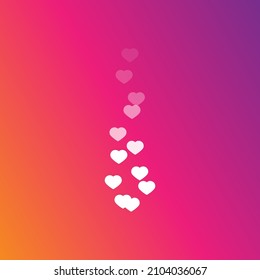 Flying white hearts on a colorful background. A stream of hearts that gradually disappears. The concept of social networks and live broadcasts. Vector illustration.