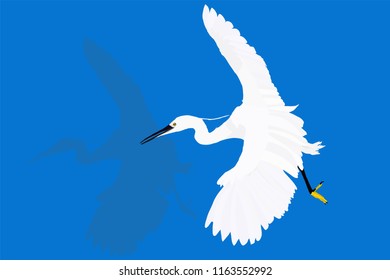 Flying white heron. Vector image. Blue background.