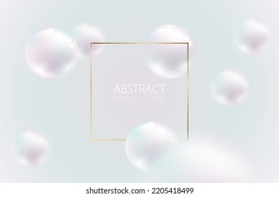 Esfera de perlas naturales blancas volando con reflexión destacada, borrosidad en fondo de perlas claras. Perla de joyería de lujo con marco dorado delgado. Antecedentes delicados abstractos vectoriales para publicidad de belleza