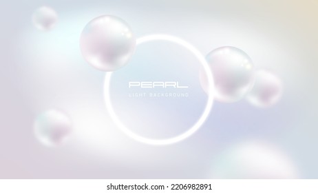 Flying white natural pearl sphere, blur on light pearly background. Luxury jewelry pearl with white glow ring frame. Vector abstract delicate background for science or beauty advertisement