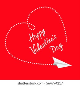 Flying white paper plane. Dashed heart in the sky. Happy Valentines Day Greeting card. Flat design. Red background. Isolated. Vector illustration.