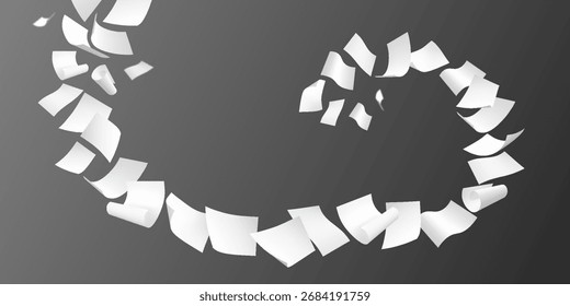 Flying white paper sheets. Realistic throw paper pile floating in air. Curled page blanks flight on wind blow wave shape. Scattered document, letter or note twisted way vector illustration