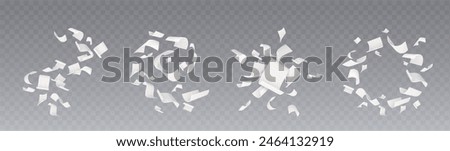 Flying white paper sheets. Realistic 3d vector illustration set of floating in air with wind blow empty pages of wave, spiral, round and circular frame shape. Curved falling blank letters mockup.