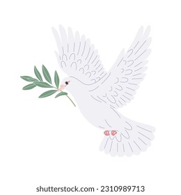 Flying white pigeon isolated on blank background. Simple dove bird carries an olive branch in beak. Vector cartoon illustration.