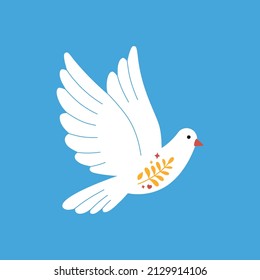 Flying white pigeon. Symbol of the peace. Flat vector illustration