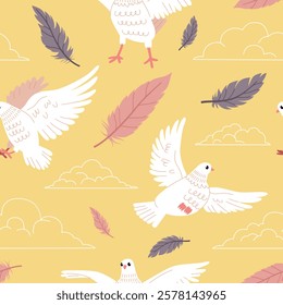 Flying white pigeons seamless pattern. Doves among clouds, funny birds in sky, falling feathers, peace and love symbol, vector background