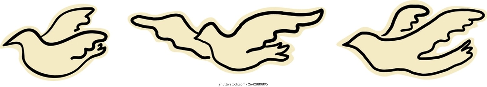 flying white pigeons set in hand drawn style. Template for poster icon design poster sticker postcard pin mascot