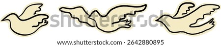 flying white pigeons set in hand drawn style. Template for poster icon design poster sticker postcard pin mascot