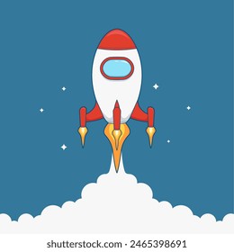 Flying white red spaceship retro shuttle rocket vector illustration with smoke trail