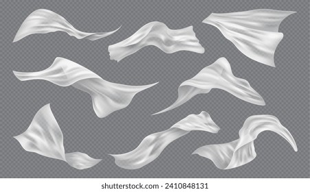 Flying white silk fabric, isolated on transparent background. Vector light fabric blown away by wind or breeze. Billowing curtain or tissue, chiffon cloth, satin clothes, scarf or capes