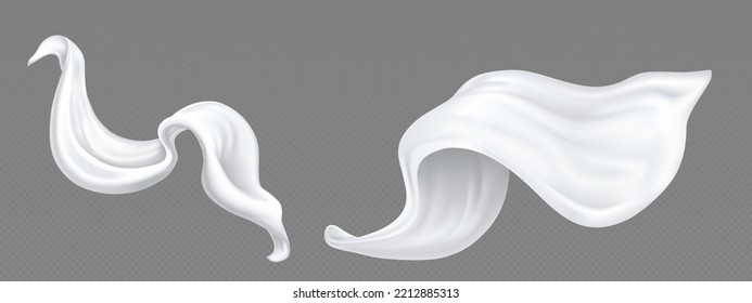 Flying white silk fabric, luxury textile drapery. Billowing satin clothes, scarf, curtains or cape isolated on transparent background, vector realistic illustration