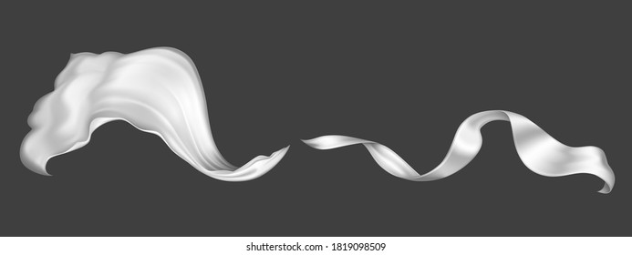 Flying white silk fabric and satin ribbon isolated on grey background. Vector realistic set of billowing velvet clothes, scarf or cape in blowing wind. Luxury white textile drapery, flowing tissue