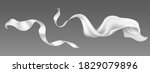 Flying white silk ribbon and satin fabric. Vector realistic set of billowing velvet clothes, scarf or cape in blowing wind. Luxury white textile drapery, flowing tissue isolated on grey background