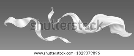 Flying white silk ribbon and satin fabric. Vector realistic set of billowing velvet clothes, scarf or cape in blowing wind. Luxury white textile drapery, flowing tissue isolated on grey background