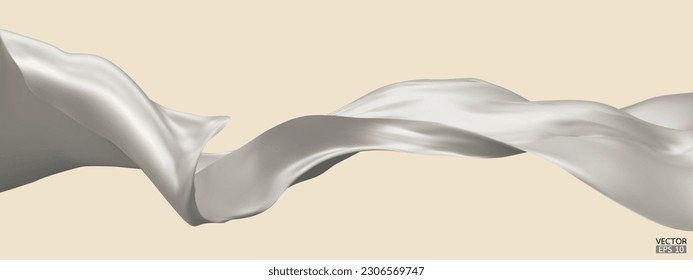 Flying white silk textile fabric flag background. Smooth elegant Satin Isolated on beige Background for grand opening ceremony. White curtain. 3d vector illustration.