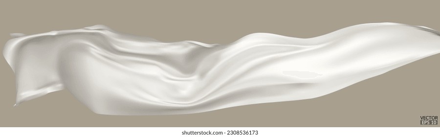 Flying white silk textile fabric flag background. Smooth elegant white Satin Isolated on beige Background for grand opening ceremony. White curtain. 3d vector illustration