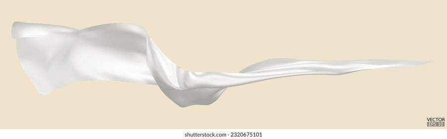 Flying white silk textile fabric flag background. Smooth elegant white Satin Isolated on beige Background for grand opening ceremony. White curtain. 3d vector illustration