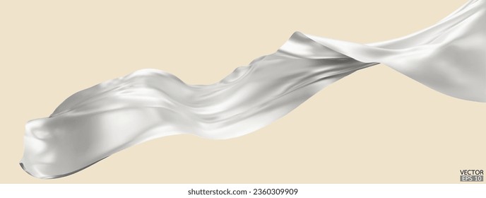 Fondo de la bandera textil de seda blanca volando. Satin blanco suave y elegante aislado en el fondo beige para la gran ceremonia de inauguración. Cortina blanca. 3.ª ilustración vectorial