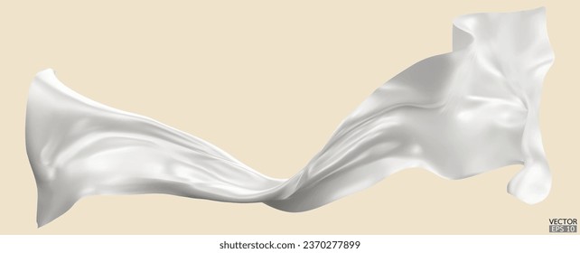 Flying white silk textile fabric flag background. Smooth elegant white Satin Isolated on beige Background for grand opening ceremony. White curtain. 3d vector illustration