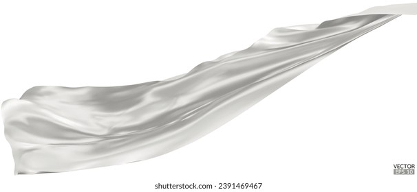 Flying white silk textile fabric flag background. Smooth elegant white Satin Isolated on white Background for grand opening ceremony. White curtain. 3d vector illustration