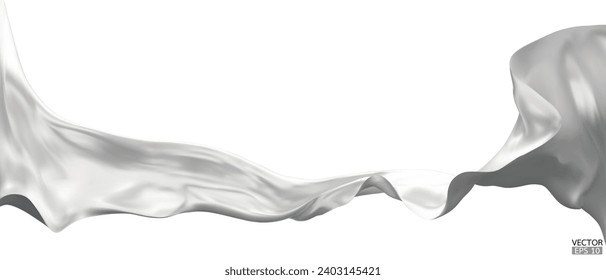 Flying white silk textile fabric flag background. Smooth elegant white Satin Isolated on white Background for grand opening ceremony. White curtain. 3d vector illustration